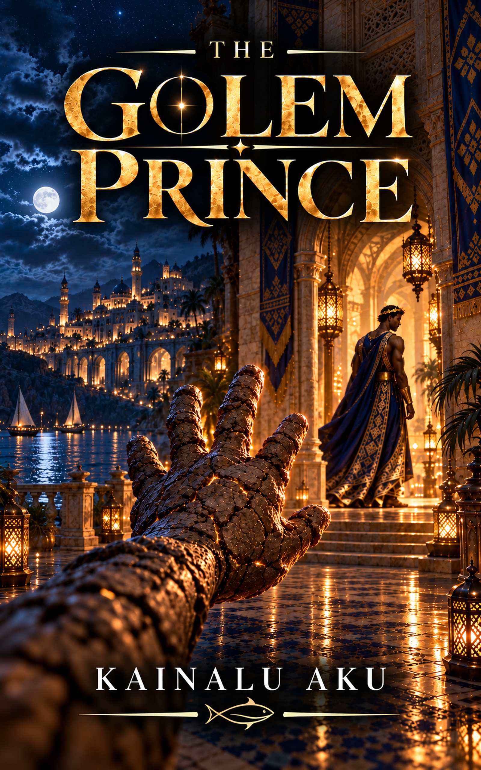 Cover of The Golem Prince by Kainalu Aku, showing a stone golem hand reaching toward a prince in a moonlit coastal palace.