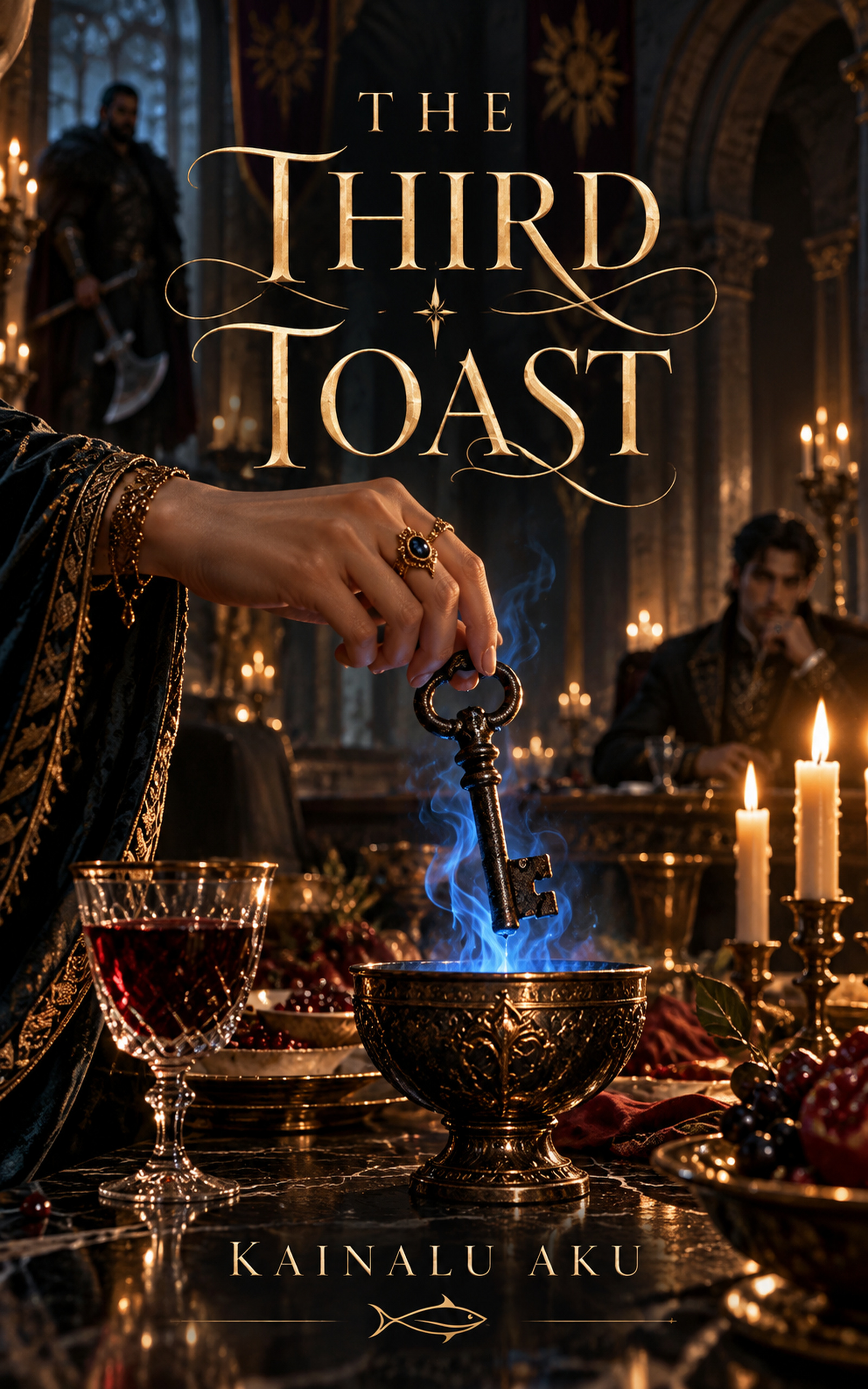 Cover of The Third Toast by Kainalu Aku, showing a woman’s hand holding an old black key above blue magical flame in a candlelit feast hall.